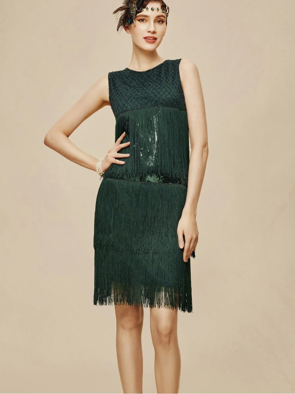Babeyond Dark Green Tiered Tassel Sequin Vintage Gasby Dress NWT